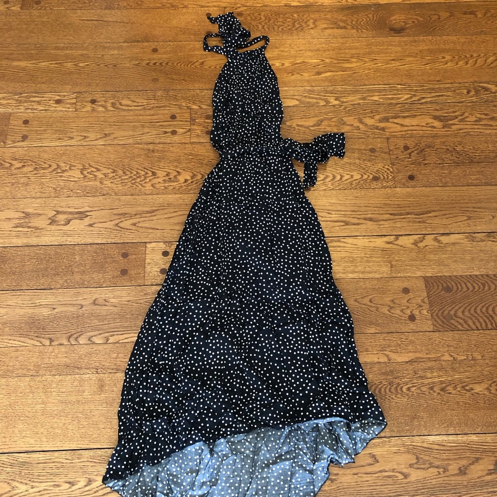 Black and white polka dot midi halter dress